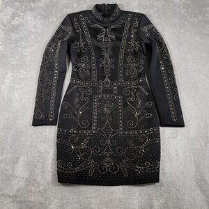 Bebe Dress Womens Medium Bodycon Studded Rhinestone Long Sleeve Mini Made in USA